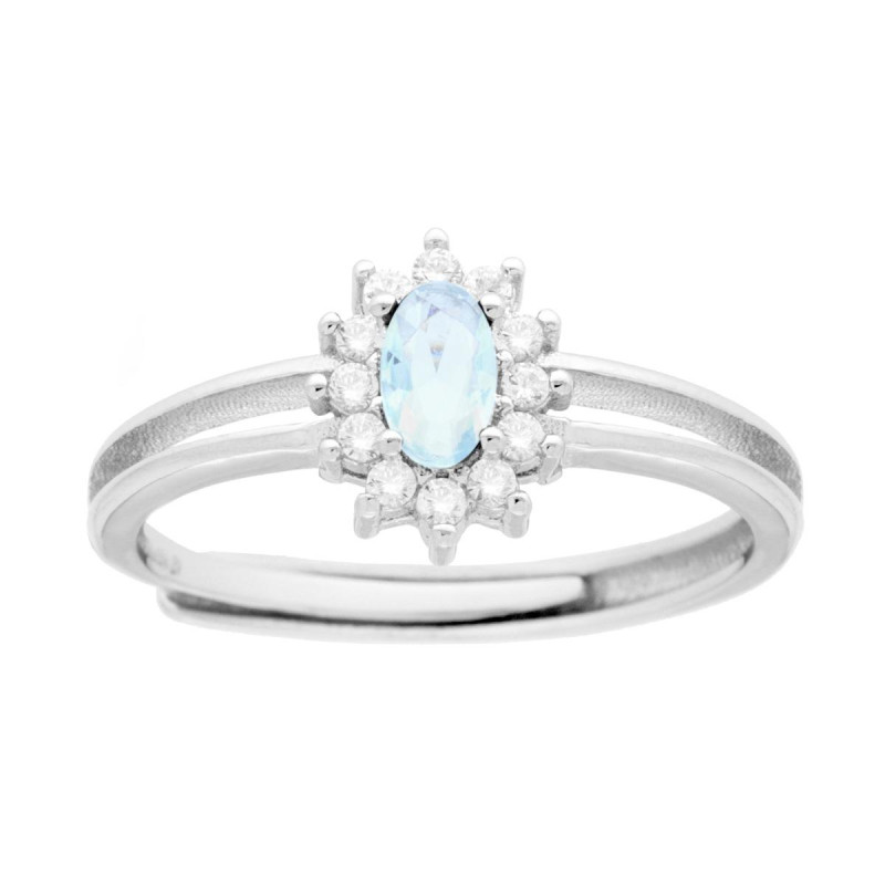 ANELLO SOLITARIO CON ZIRCONE OVALE ACQUAMARINA CONTORNATO CON ZIRCONI BIANCHI IN ARGENTO 925 GALVANICA RODIO