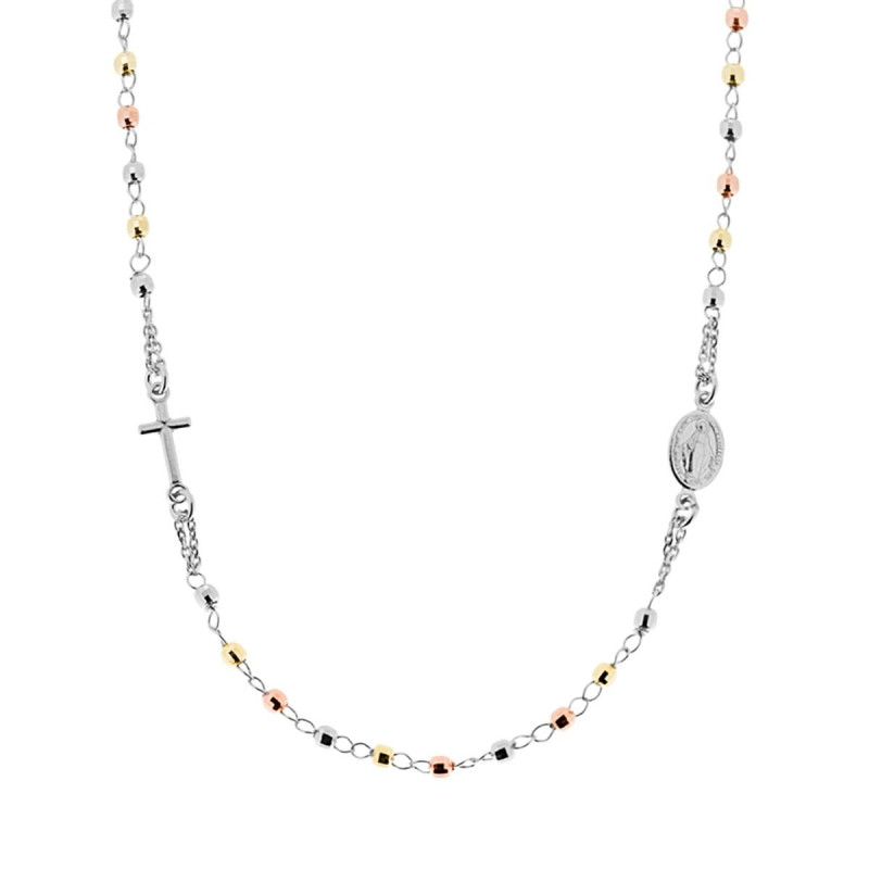 COLLANA ROSARIO MODELLO GIROCOLLO CM 50 CON GRANI A PALLINA DIAMANTATA TRE COLORI RODIO ORO ROSA MM 3 IN ARGENTO 925 GALVANICA R