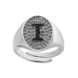 ANELLO CHEVALIER CON LETTERA INIZIALE CON ZIRCONI NERI CON FONDO ZIRCONI BIANCHI IN ARGENTO 925 GALVANICA RODIO