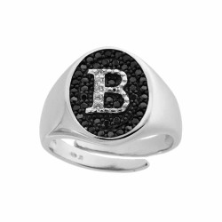 ANELLO CHEVALIER CON LETTERA INIZIALE CON ZIRCONI BIANCHI CON FONDO ZIRCONI NERI IN ARGENTO 925 GALVANICA RODIO