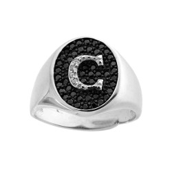 ANELLO CHEVALIER CON LETTERA INIZIALE CON ZIRCONI BIANCHI CON FONDO ZIRCONI NERI IN ARGENTO 925 GALVANICA RODIO