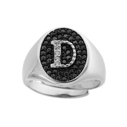 ANELLO CHEVALIER CON LETTERA INIZIALE CON ZIRCONI BIANCHI CON FONDO ZIRCONI NERI IN ARGENTO 925 GALVANICA RODIO