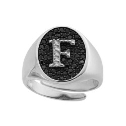 ANELLO CHEVALIER CON LETTERA INIZIALE CON ZIRCONI BIANCHI CON FONDO ZIRCONI NERI IN ARGENTO 925 GALVANICA RODIO