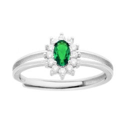 ANELLO SOLITARIO CON ZIRCONE OVALE VERDE SMERALDO CONTORNATO CON ZIRCONI BIANCHI IN ARGENTO 925 GALVANICA RODIO