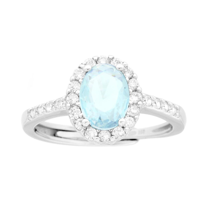 ANELLO HALO SOLITARIO CON ZIRCONE OVALE ACQUAMARINA CONTORNATO CON ZIRCONI BIANCHI IN ARGENTO 925 GALVANICA RODIO