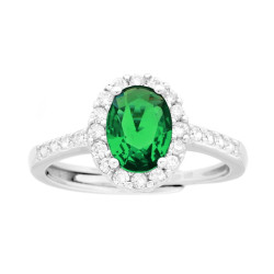 ANELLO HALO SOLITARIO CON ZIRCONE OVALE VERDE SMERALDO CONTORNATO CON ZIRCONI BIANCHI IN ARGENTO 925 GALVANICA RODIO