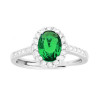 ANELLO HALO SOLITARIO CON ZIRCONE OVALE VERDE SMERALDO CONTORNATO CON ZIRCONI BIANCHI IN ARGENTO 925 GALVANICA RODIO