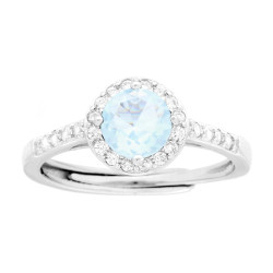 ANELLO HALO SOLITARIO CON ZIRCONE TONDO ACQUAMARINA CONTORNATO CON ZIRCONI BIANCHI IN ARGENTO 925 GALVANICA RODIO