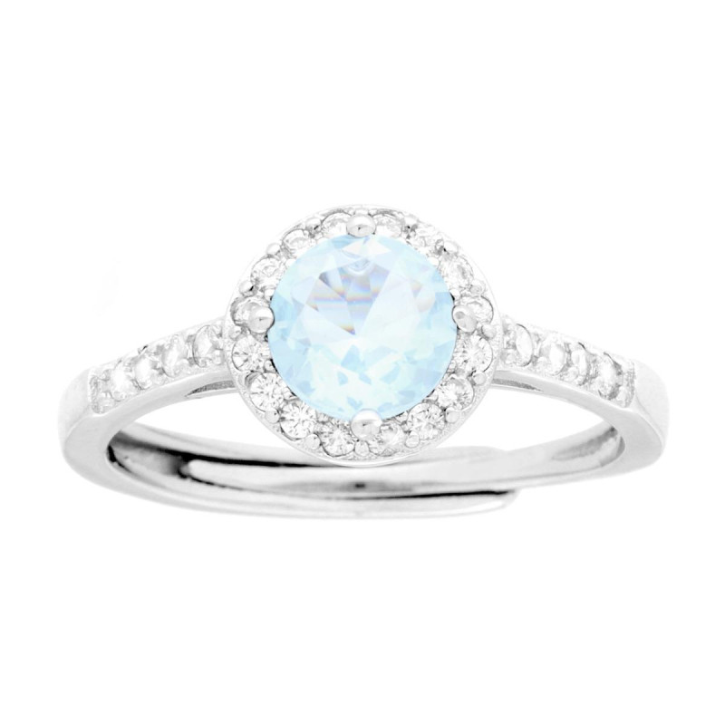 ANELLO HALO SOLITARIO CON ZIRCONE TONDO ACQUAMARINA CONTORNATO CON ZIRCONI BIANCHI IN ARGENTO 925 GALVANICA RODIO