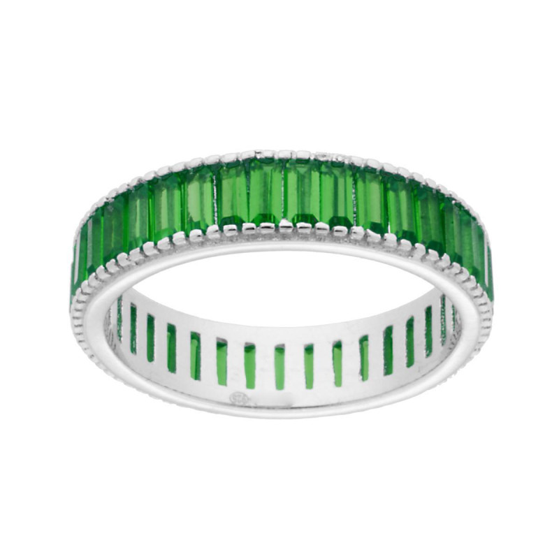 ANELLO ETERNITY CON CUBIC ZIRCONIA VERDE SMERALDO TAGLIO BAGUETTE IN ARGENTO 925 GALVANICA RODIO