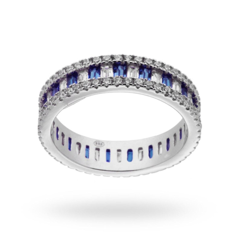 ANELLO ETERNITY BAGUETTE CON ZIRCONI ZAFFIRO IN ARGENTO 925 RODIATO