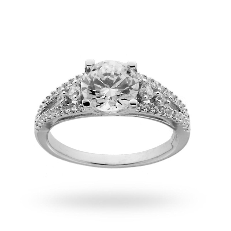 ANELLO SOLITARIO CON ZIRCONE TONDO MM 7.5 E ZIRCONI IN ARGENTO 925 RODIATO