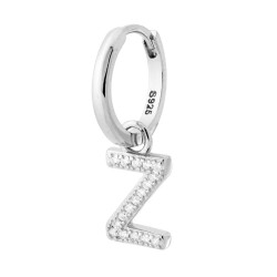 ORECCHINO CERCHIO CON LETTERA E ZIRCONI BIANCHI IN ARGENTO 925 GALVANICA RODIO