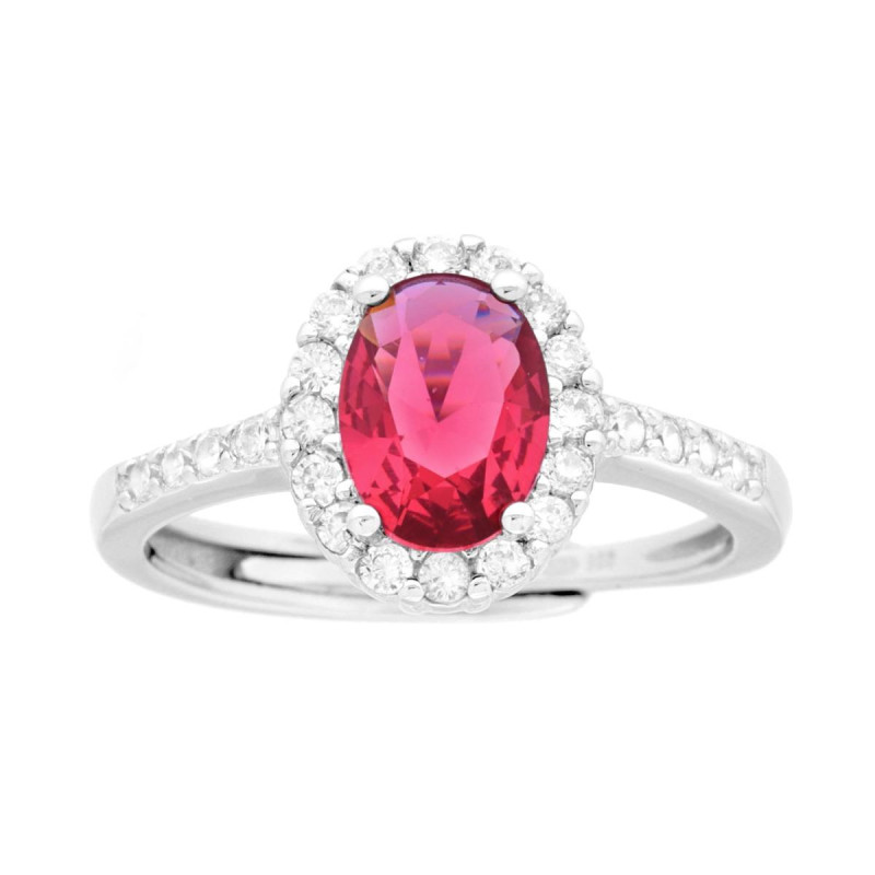 ANELLO HALO SOLITARIO CON ZIRCONE OVALE ROSSO RUBINO CONTORNATO CON ZIRCONI BIANCHI IN ARGENTO 925 GALVANICA RODIO
