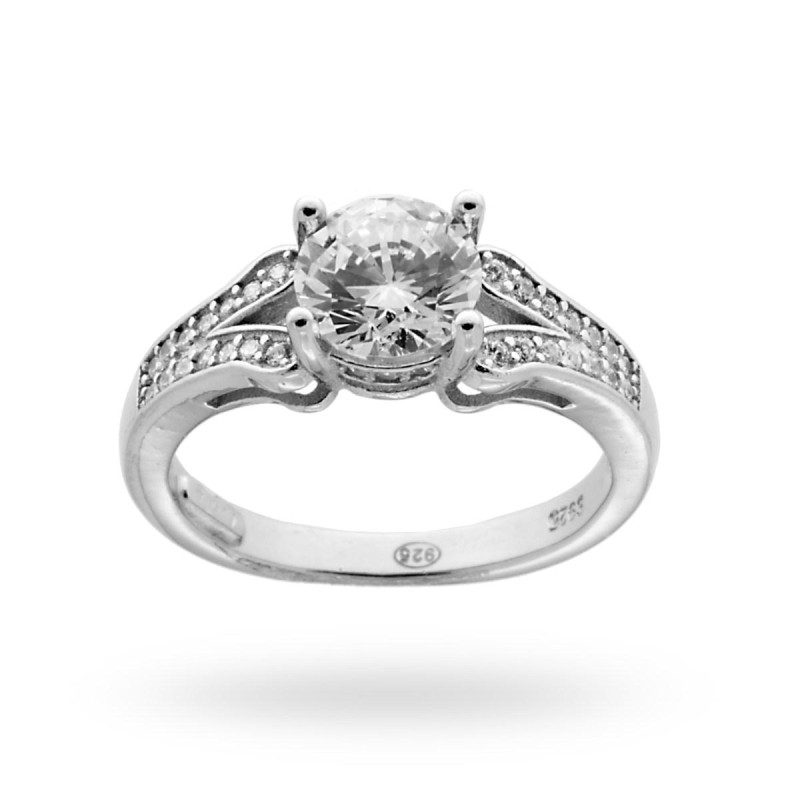 ANELLO SOLITARIO CON ZIRCONE TONDO BIANCO MM 7 E ZIRCONI IN ARGENTO 925 RODIATO