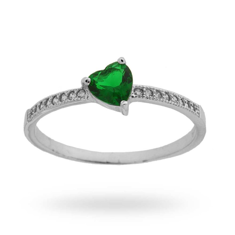 ANELLO CUORE VERDE SMERALDO CON ZIRCONI BIANCO IN ARGENTO 925 RODIATO