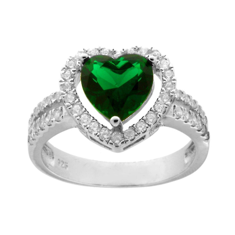ANELLO CUORE VERDE SMERALDO CON ZIRCONI IN ARGENTO 925 GALVANICA RODIO