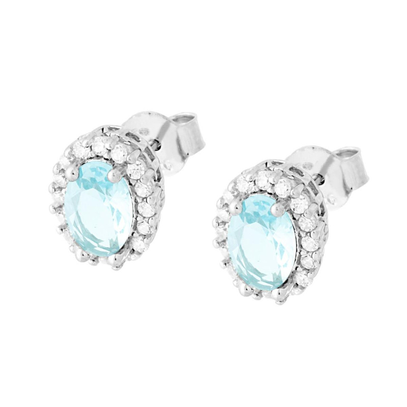 ORECCHINI FORMA OVALE CON ZIRCONE ACQUAMARINA CONTORNATO CON ZIRCONI BIANCHI IN ARGENTO 925 GALVANICA RODIO