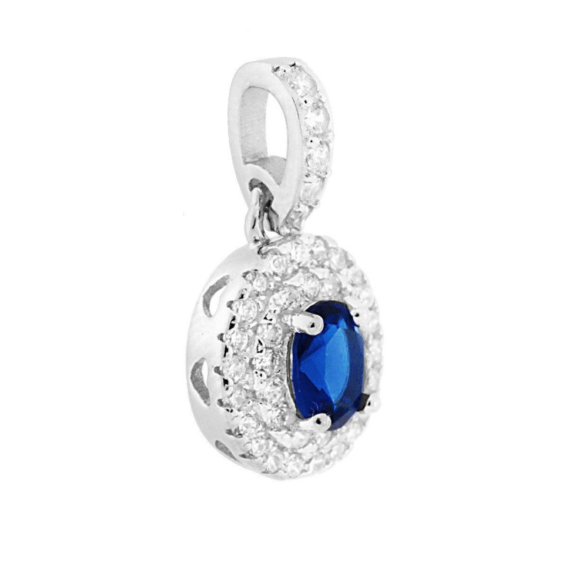CIONDOLO CON ZIRCONE OVALE BLU ZAFFIRO CONTORNATO DA ZIRCONI BIANCHI IN ARGENTO 925 GALVANICA RODIO