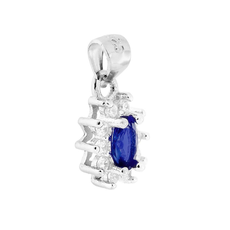 CIONDOLO CON ZIRCONE OVALE BLU ZAFFIRO CONTORNATO DA ZIRCONI BIANCHI IN ARGENTO 925 GALVANICA RODIO