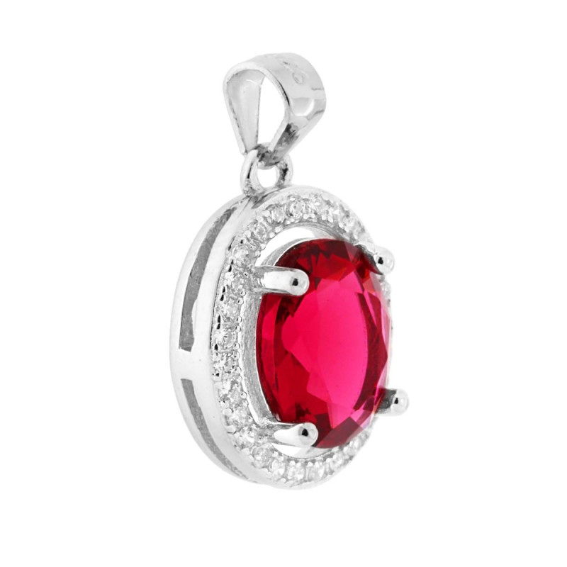 CIONDOLO CON ZIRCONE OVALE ROSSO RUBINO CONTORNATO DA ZIRCONI BIANCHI IN ARGENTO 925 GALVANICA RODIO