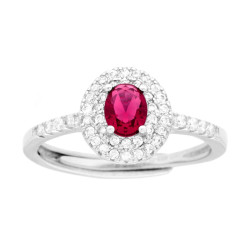 ANELLO HALO SOLITARIO CON ZIRCONE OVALE ROSSO RUBINO CONTORNATO DA ZIRCONI BIANCHI IN ARGENTO 925 GALVANICA RODIO