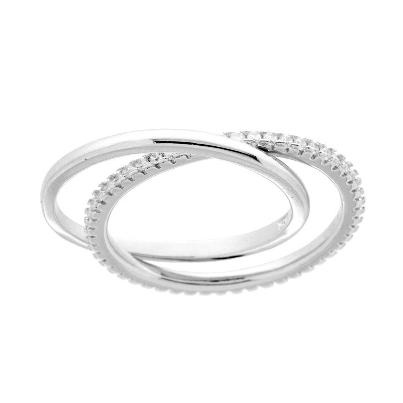 ANELLO DOPPIO ETERNITY CON ZIRCONI BIANCHI E FASCIA LISCIA IN ARGENTO 925 GALVANICA RODIO