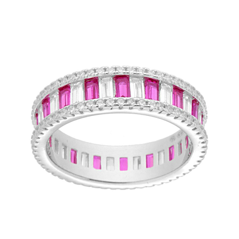 ANELLO ETERNITY CON CUBIC ZIRCONIA TAGLIO BAGUETTE ALTERNATI BIANCHI E ROSSO RUBINO IN ARGENTO 925 GALVANICA RODIO