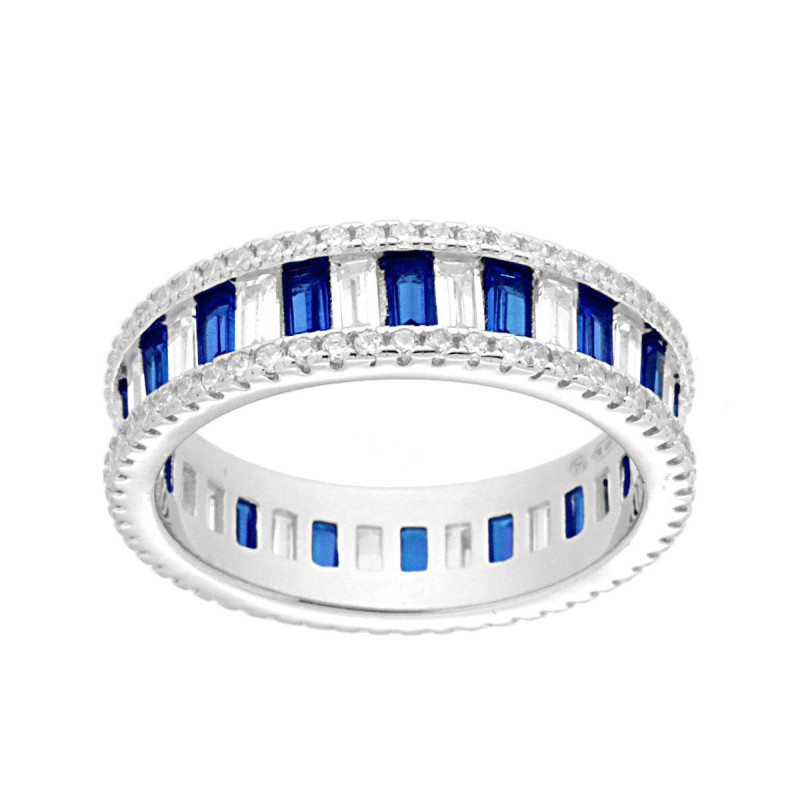 ANELLO ETERNITY CON CUBIC ZIRCONIA TAGLIO BAGUETTE ALTERNATI BIANCHI E BLU ZAFFIRO IN ARGENTO 925 GALVANICA RODIO