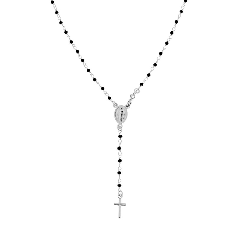 COLLANA ROSARIO CM 40+5 CON GRANI CRYSTAL NERI MM 2 IN ARGENTO 925 GALVANICA RODIO