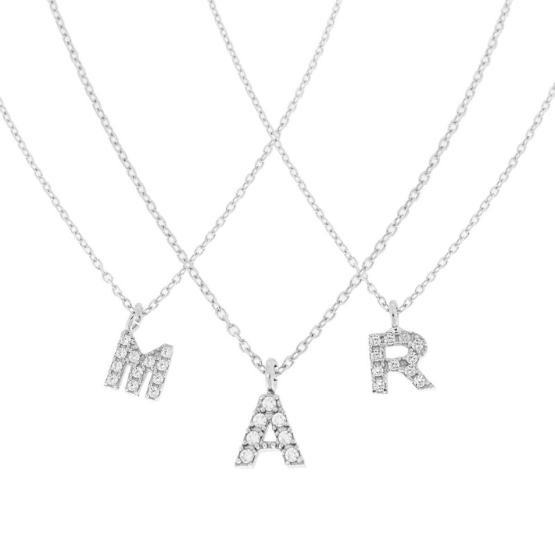 COLLANA CATENA FORZATINA DIAMANTATA CON CIONDOLO LETTERA NOME INIZIALE CON ZIRCONI BIANCHI IN ARGENTO 925 RODIATO