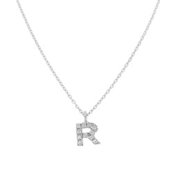 COLLANA CATENA FORZATINA DIAMANTATA CON CIONDOLO LETTERA NOME INIZIALE CON ZIRCONI BIANCHI IN ARGENTO 925 RODIATO