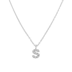 COLLANA CATENA FORZATINA DIAMANTATA CON CIONDOLO LETTERA NOME INIZIALE CON ZIRCONI BIANCHI IN ARGENTO 925 RODIATO