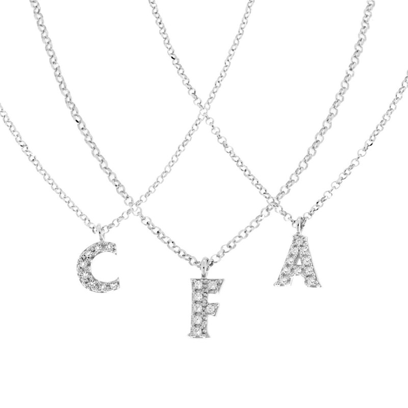 COLLANA CATENA ROLO DIAMANTATA CON CIONDOLO LETTERA E NOME INIZIALE CON ZIRCONI BIANCHI IN ARGENTO 925 GALVANICA RODIO