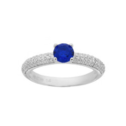 ANELLO SOLITARIO BLU ZAFFIRO 5 MM CON ZIRCONI BIANCHI IN ARGENTO 925 RODIATO