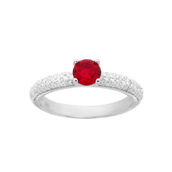 ANELLO SOLITARIO ROSSO RUBINO 5 MM CON ZIRCONI BIANCHI IN ARGENTO 925 GALVANICA RODIO