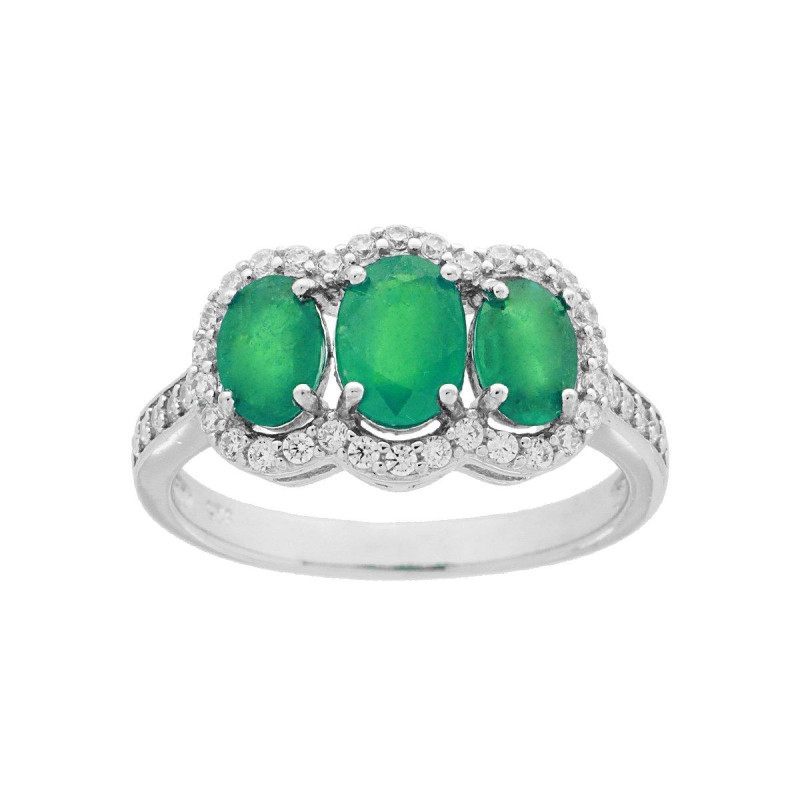 ANELLO TRILOGY CON PIETRE NATURALI OVALI VERDE SMERALDO CONTORNATI DA ZIRCONI BIANCHI IN ARGENTO 925 RODIATO