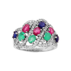 ANELLO CON PIETRE NATURALI ROSSO RUBINO VERDE SMERALDO E BLU ZAFFIRO E ZIRCONI BIANCHI IN ARGENTO 925 GALVANICA RODIO