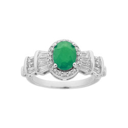 ANELLO CON PIETRA NATURALE OVALE VERDE SMERALDO CONTORNATO CON ZIRCONI BIANCHI BAGUETTE IN ARGENTO 925 GALVANICA RODIO