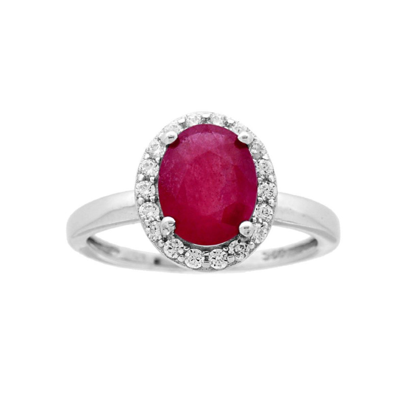 ANELLO HALO CON PIETRA NATURALE OVALE ROSSO RUBINO CONTORNATO CON ZIRCONI BIANCHI IN ARGENTO 925 GALVANICA RODIO