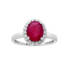 ANELLO HALO CON PIETRA NATURALE OVALE ROSSO RUBINO CONTORNATO CON ZIRCONI BIANCHI IN ARGENTO 925 GALVANICA RODIO