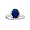 ANELLO CON PIETRA NATURALE OVALE BLU ZAFFIRO CONTORNATO CON ZIRCONI BIANCHI IN ARGENTO 925 GALVANICA RODIO