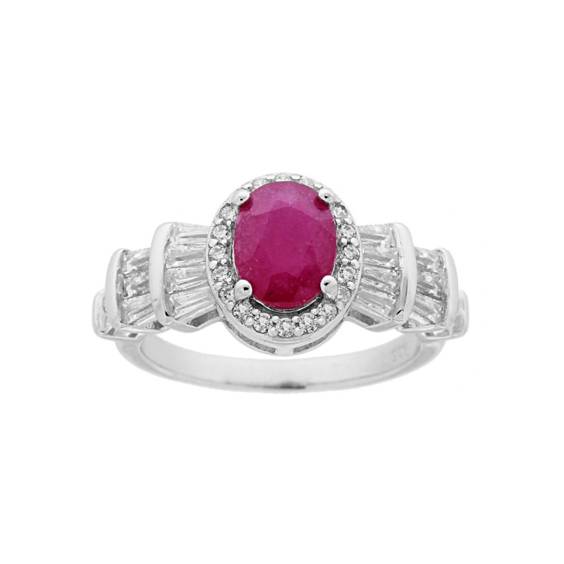 ANELLO CON PIETRA NATURALE OVALE ROSSO RUBINO CONTORNATO CON ZIRCONI BIANCHI BAGUETTE IN ARGENTO 925 GALVANICA RODIO