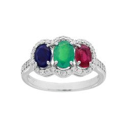 ANELLO TRILOGY CON PIETRE NATURALI OVALI ROSSO RUBINO VERDE SMERALDO E BLU ZAFFIRO CONTORNATI DA ZIRCONI BIANCHI IN ARGENTO 925 