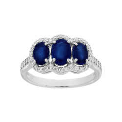 ANELLO TRILOGY CON PIETRE NATURALI OVALI BLU ZAFFIRO CONTORNATI DA ZIRCONI BIANCHI IN ARGENTO 925 RODIATO