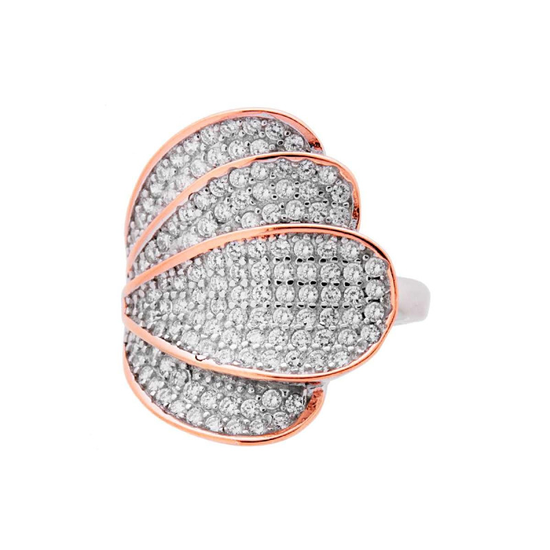 ANELLO FASCIA CON PETALI CON ZIRCONI BIANCHI E BORDI ROSATI IN ARGENTO 925 RODIATO