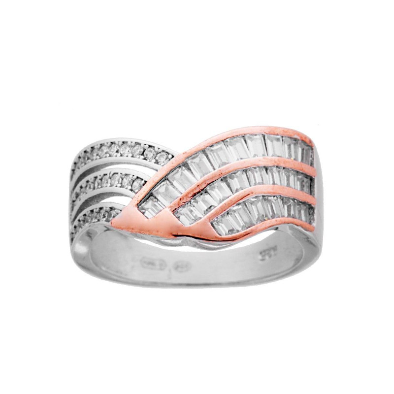 ANELLO FASCIA CON ZIRCONI BIANCHI BAGUETTE E BORDI ROSATI IN ARGENTO 925 RODIATO