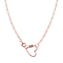 COLLANA CATENA GRAFFETTA CON CUORE E ZIRCONI VERDE SMERALDO IN ARGENTO 925 GALVANICA ROSA