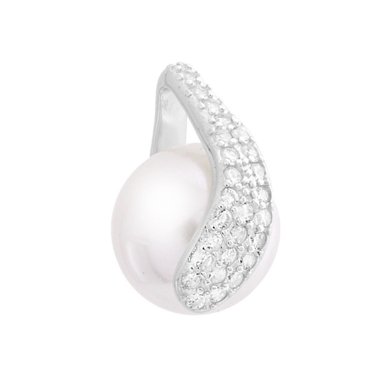 CIONDOLO CON PERLA AVVOLTA DA PETALO CON ZIRCONI BIANCHI IN ARGENTO 925 GALVANICA RODIO