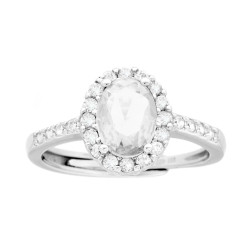 ANELLO HALO SOLITARIO CON ZIRCONE OVALE BIANCO CONTORNATO DA ZIRCONI BIANCHI IN ARGENTO 925 GALVANICA RODIO